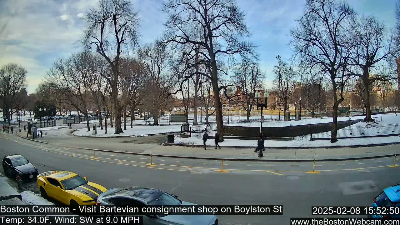 A partly sunny winter day shows a snow-dusted park with bare trees, pedestrians, and cars parked along a street.