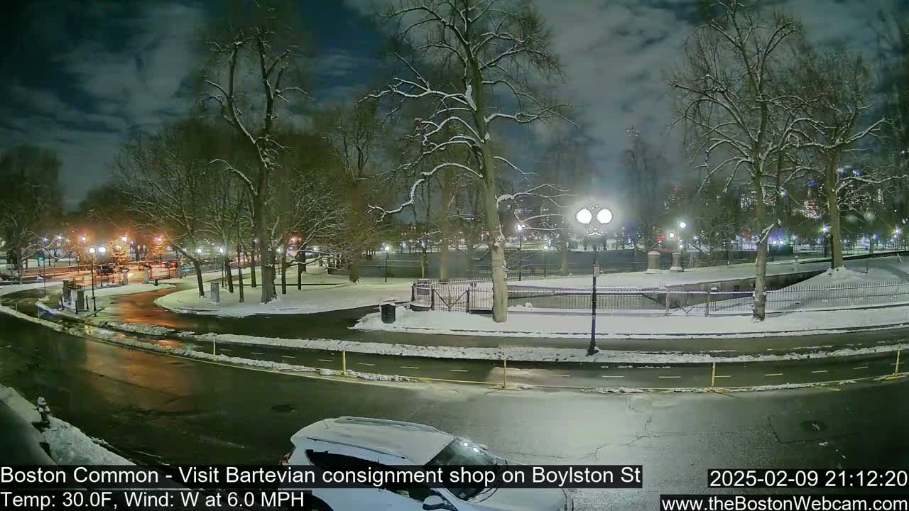 A snow-covered park at night, with a road curving through it, lit by streetlights under a partly cloudy sky.