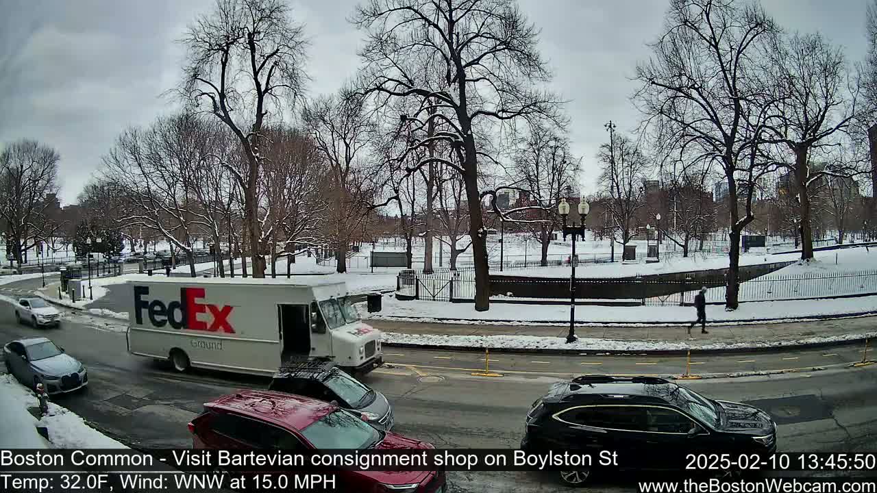 A snow-covered park is visible beyond a street scene with several cars and a FedEx truck, under a cloudy sky.
