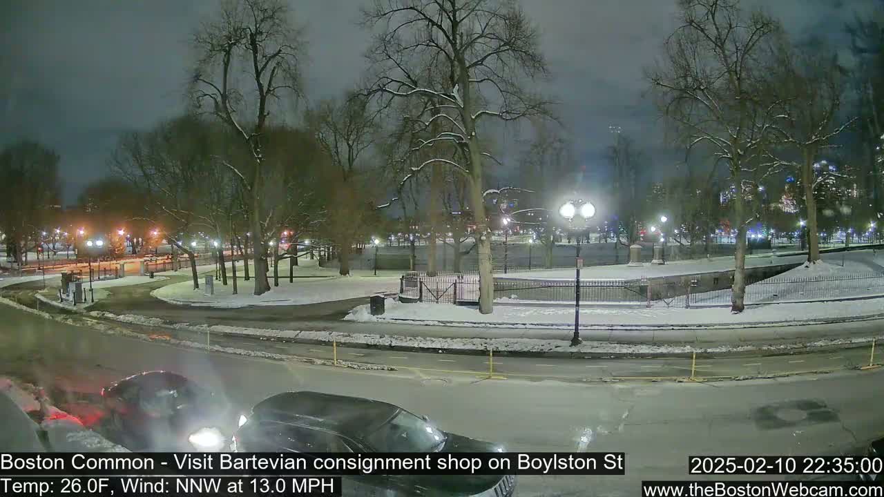 A nighttime view of a snow-covered park with a road curving through it, with cars visible on the road and city lights in the background under a dark, cloudy sky.