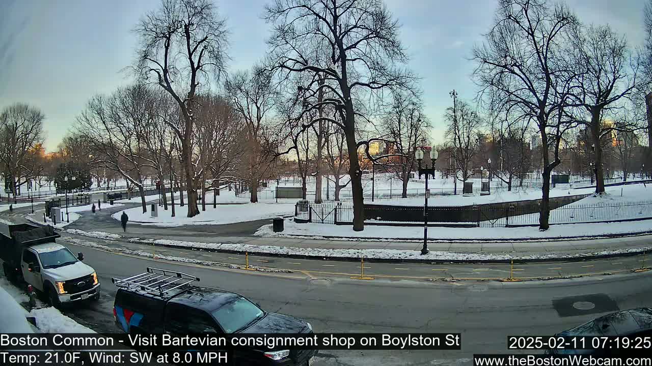 A snow-covered park with bare trees is seen from a street, where two vehicles are stopped, under a cloudy, cool sky.