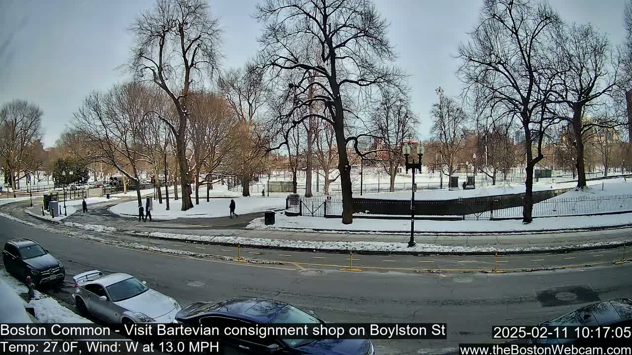 A snow-covered Boston Common park is seen from a street, with several cars parked along the roadside and a few pedestrians walking through the park.