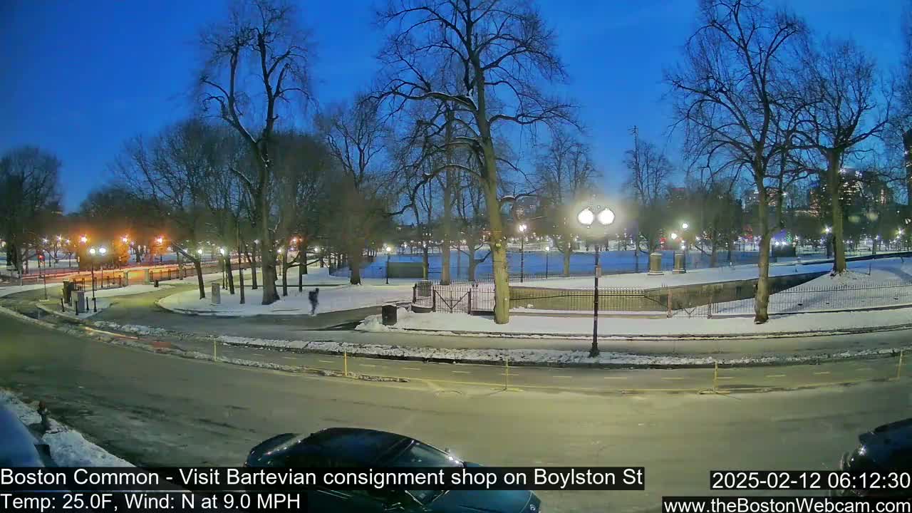 A snow-covered park at twilight, illuminated by streetlights, with a road curving through it and a few people visible.