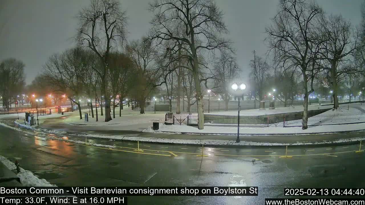 A snow-covered park at night, with a wet road and a light east wind.