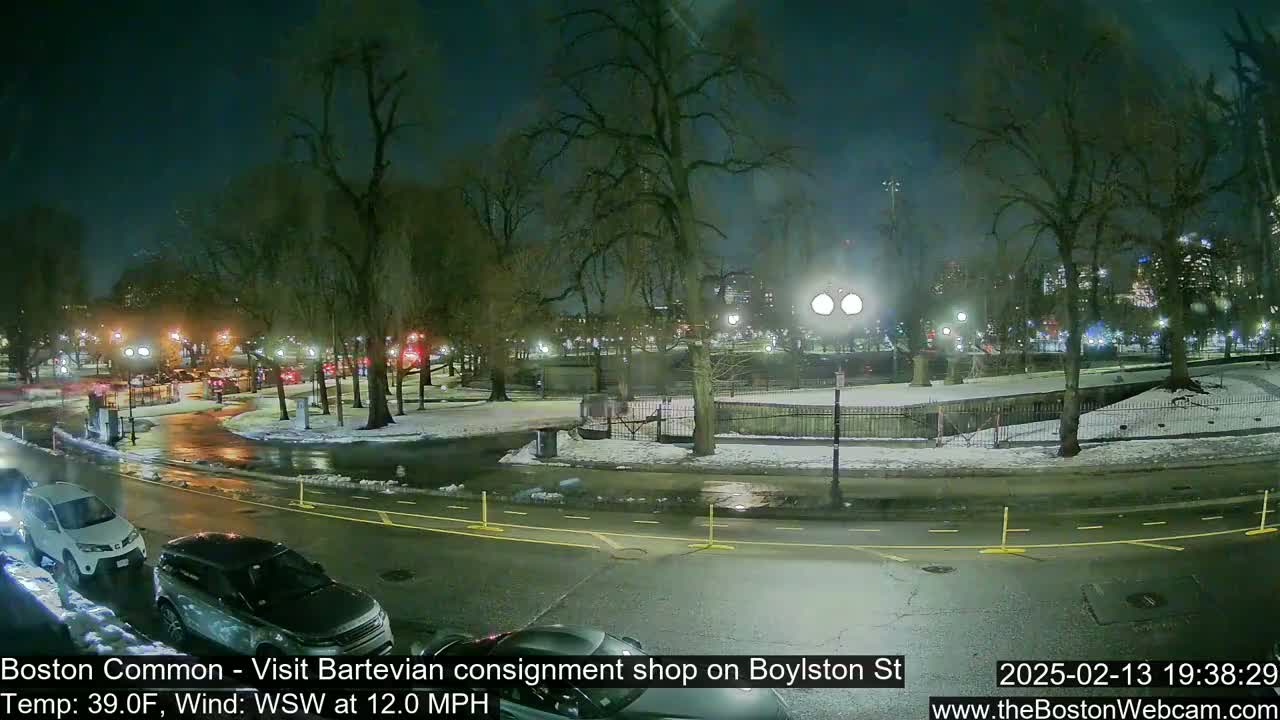 A nighttime view of a snow-dusted park with cars parked along a wet street, under a dark sky with a slight wind.