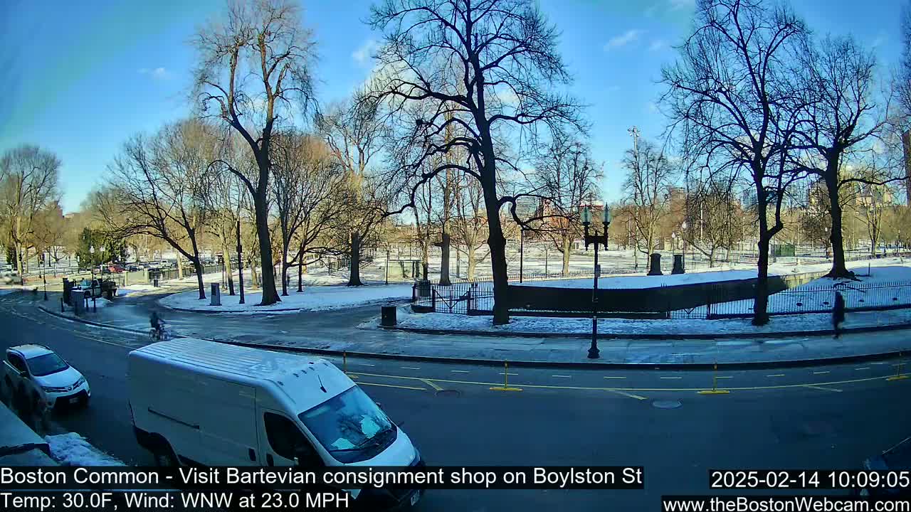 A partly sunny, cold, and windy day shows a snow-dusted park with bare trees, a road with cars and a van, and some pedestrians.
