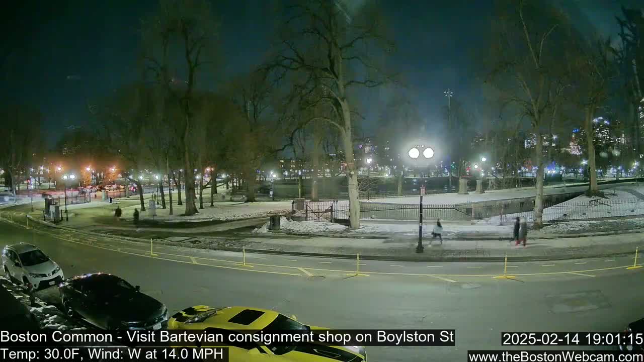 A nighttime view of a snow-covered park with cars parked along a street, people walking, and city lights in the background, under a clear sky.