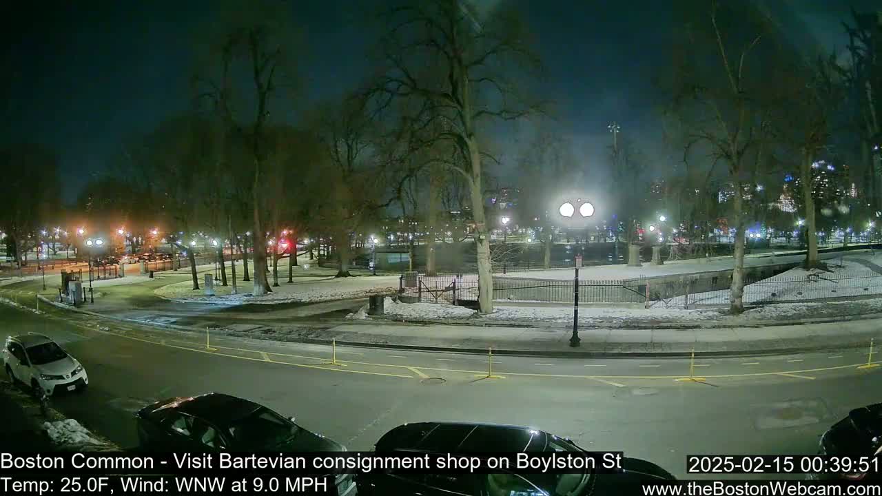 A nighttime view of a snow-covered park with cars parked along a street, under a dark sky with a slight wind.