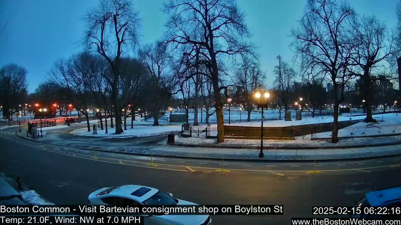 A snow-covered park at twilight is visible from a street, with cars parked along the road and streetlights illuminating the scene.