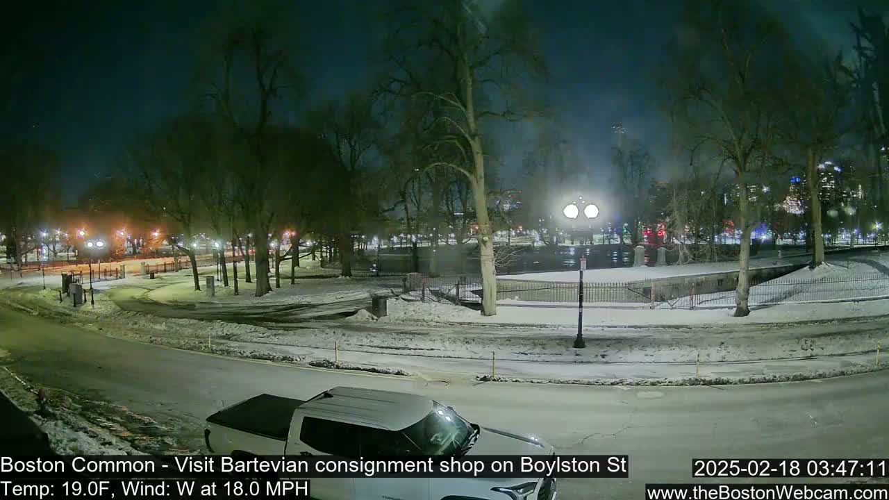 A snow-covered park at night, illuminated by streetlights, with a white truck partially visible in the foreground, under a dark, windy sky.
