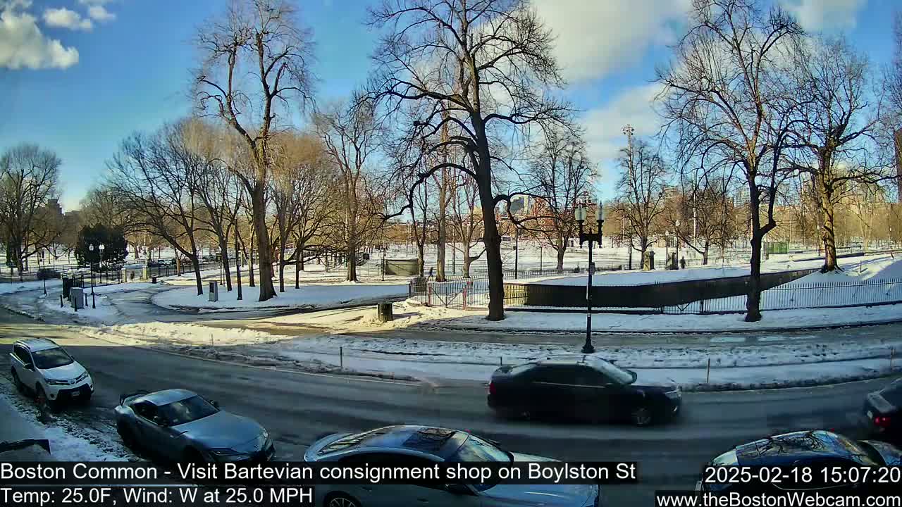 A partly sunny winter day with a 25-degree Fahrenheit temperature and a 25 mph westerly wind shows a snow-covered park and street with several cars.