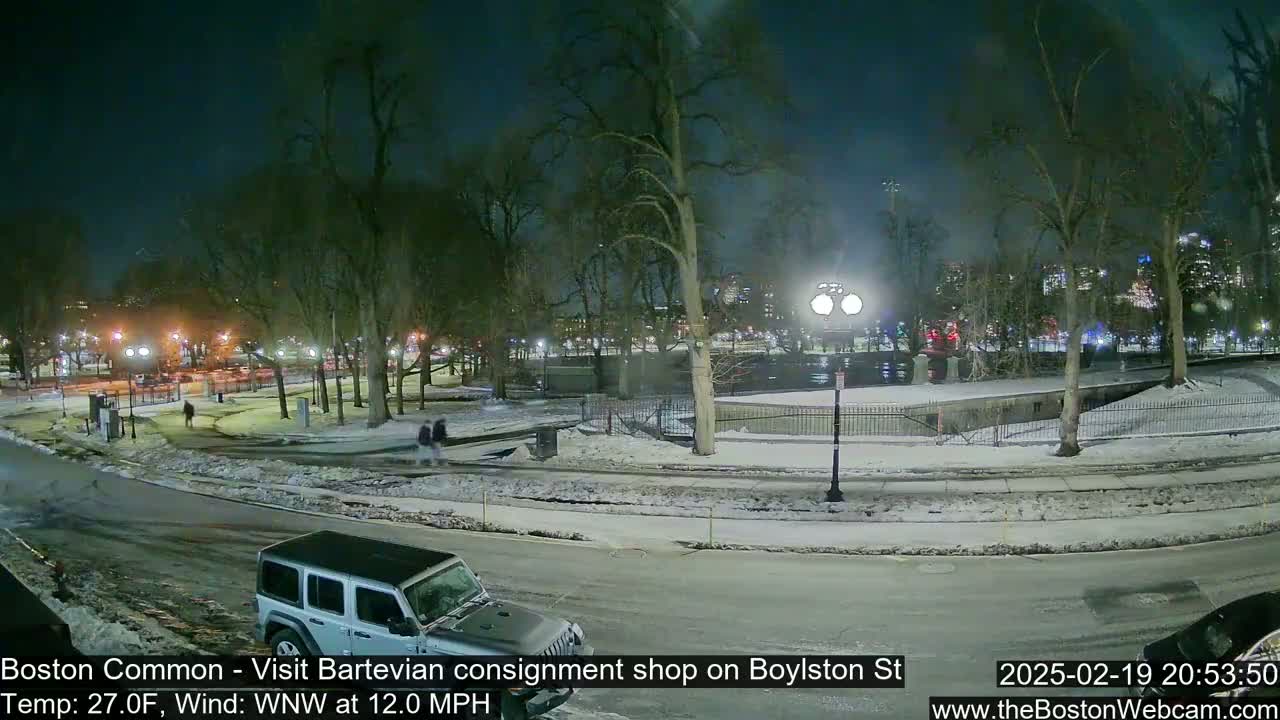 A nighttime scene shows a snow-covered park with a few pedestrians, a jeep parked on a street, and city lights in the background under a dark, clear sky.