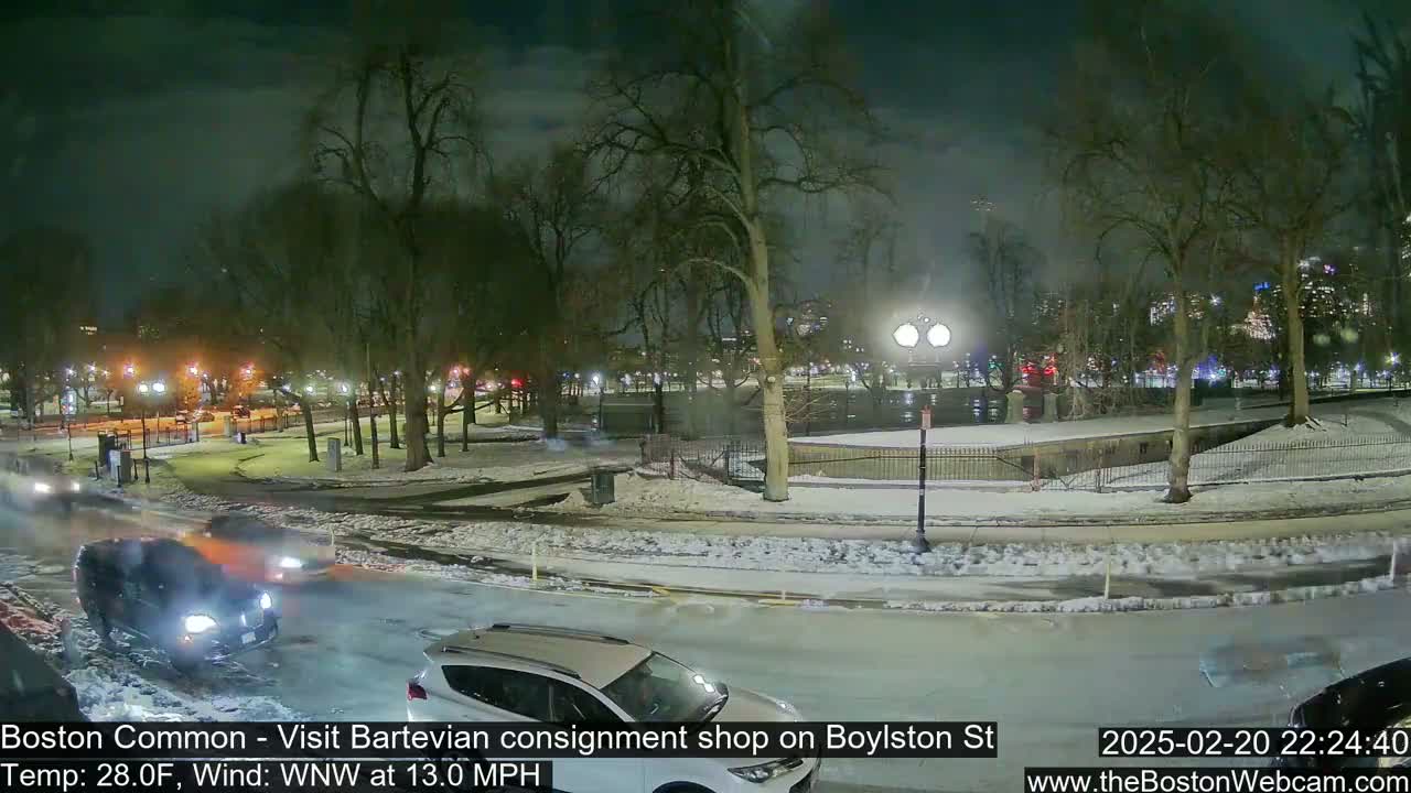 A nighttime view of a snow-covered park and street with cars driving on a slushy road under a cloudy sky.
