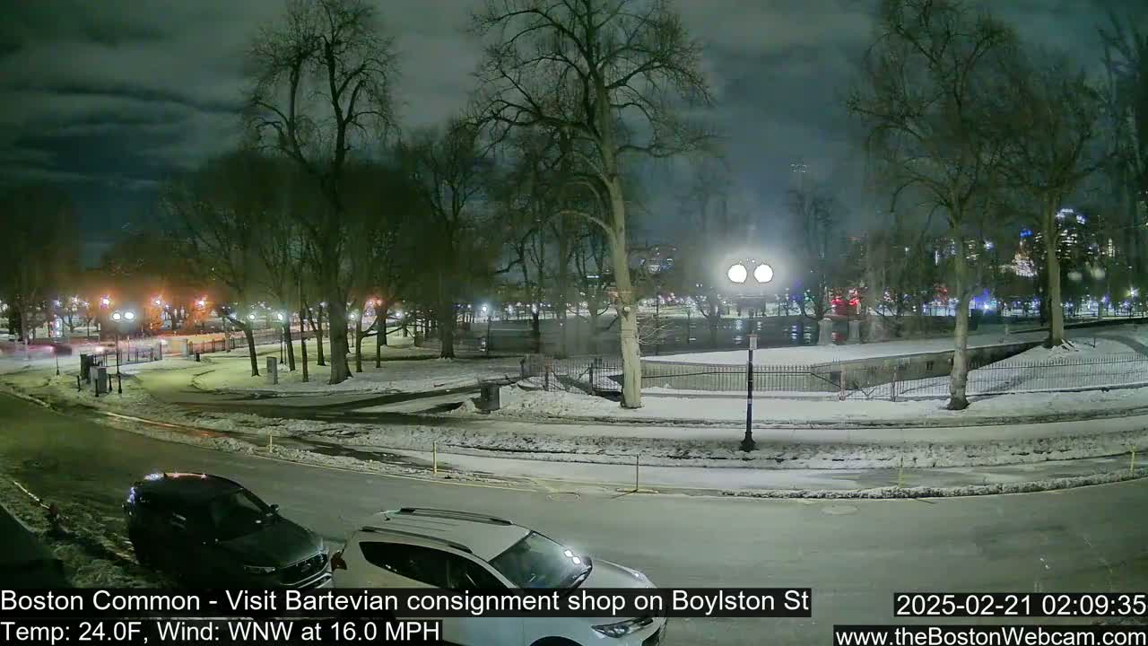 A snow-covered park at night, illuminated by streetlights, with cars parked along a road, under a cloudy sky.