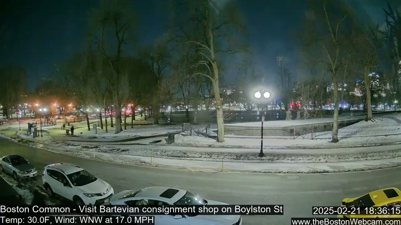 A nighttime view of a snow-covered park with cars parked along a road, under a dark, clear sky.