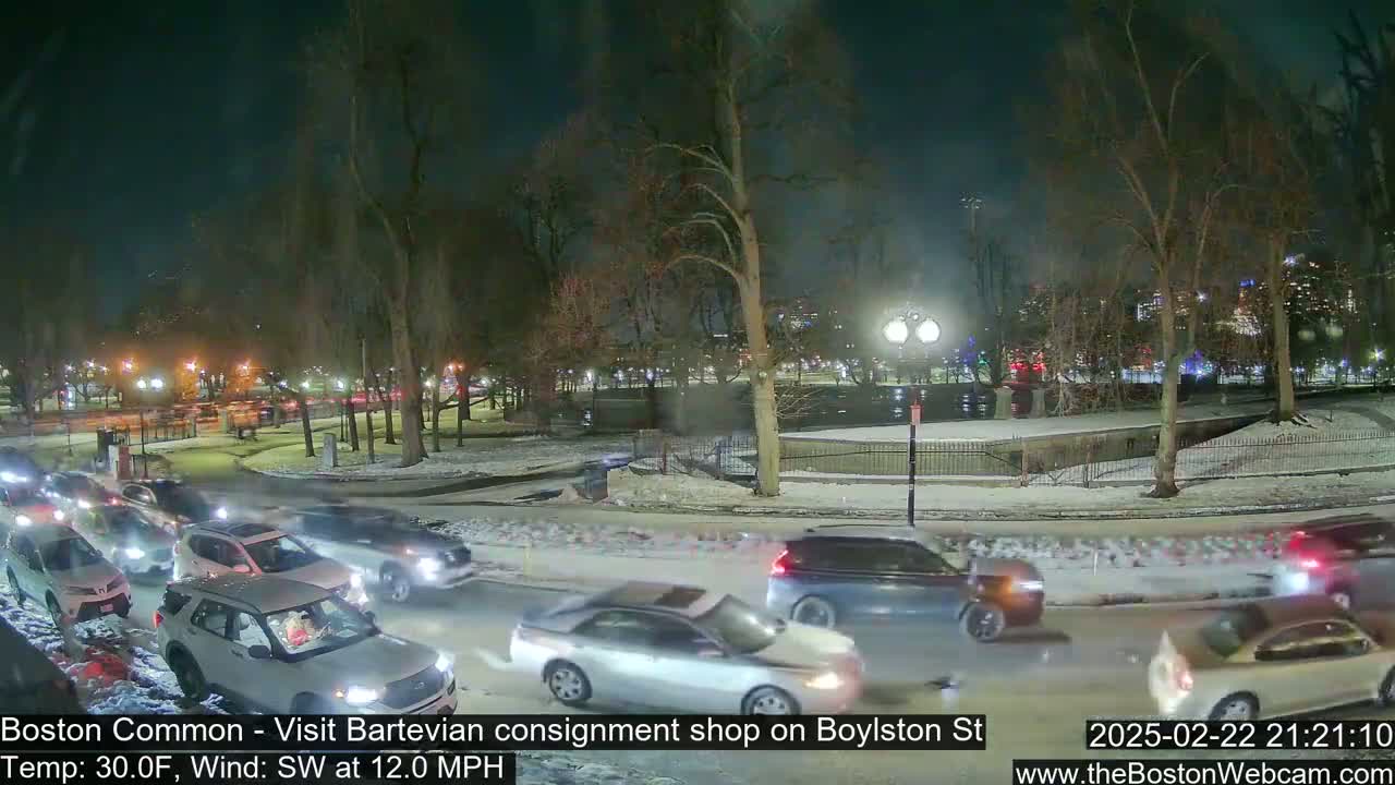 A nighttime scene of a snow-covered park with cars driving on a nearby road, under a partly cloudy sky.