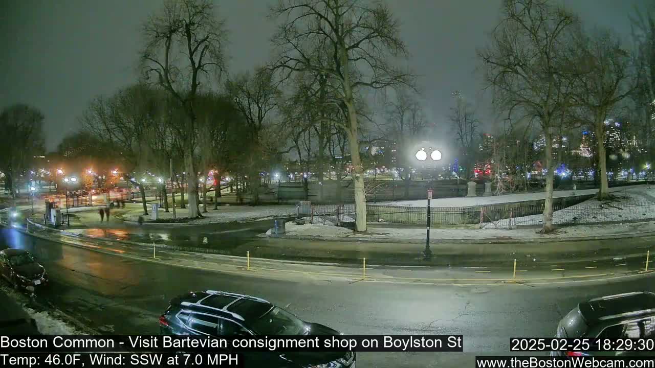 A nighttime view of a park with bare trees, a roadway, and several cars, with some snow on the ground and a calm wind.