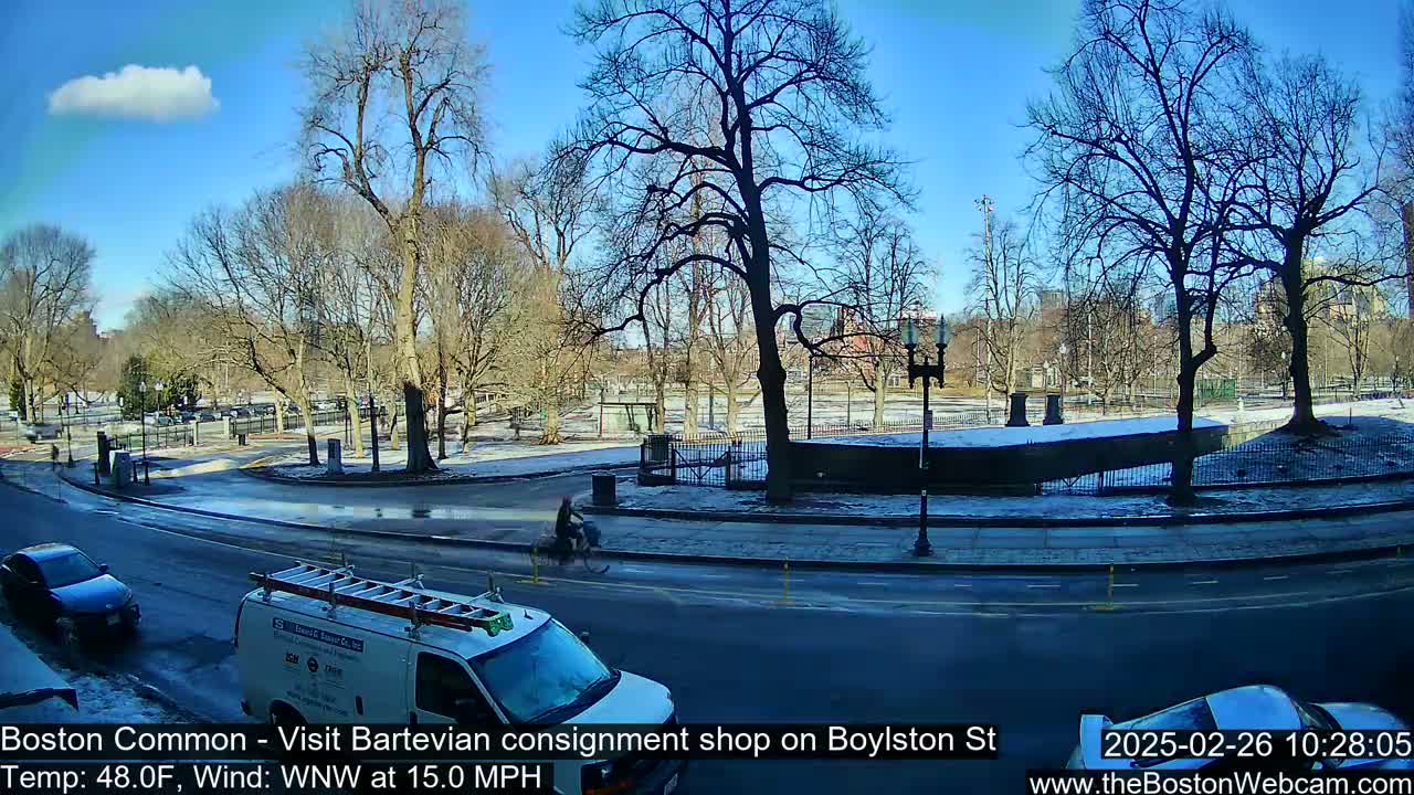 A partly sunny, cold day with a wind of 15 mph shows a street scene with a cyclist, cars, and a van, near a park with bare trees and some patches of snow.