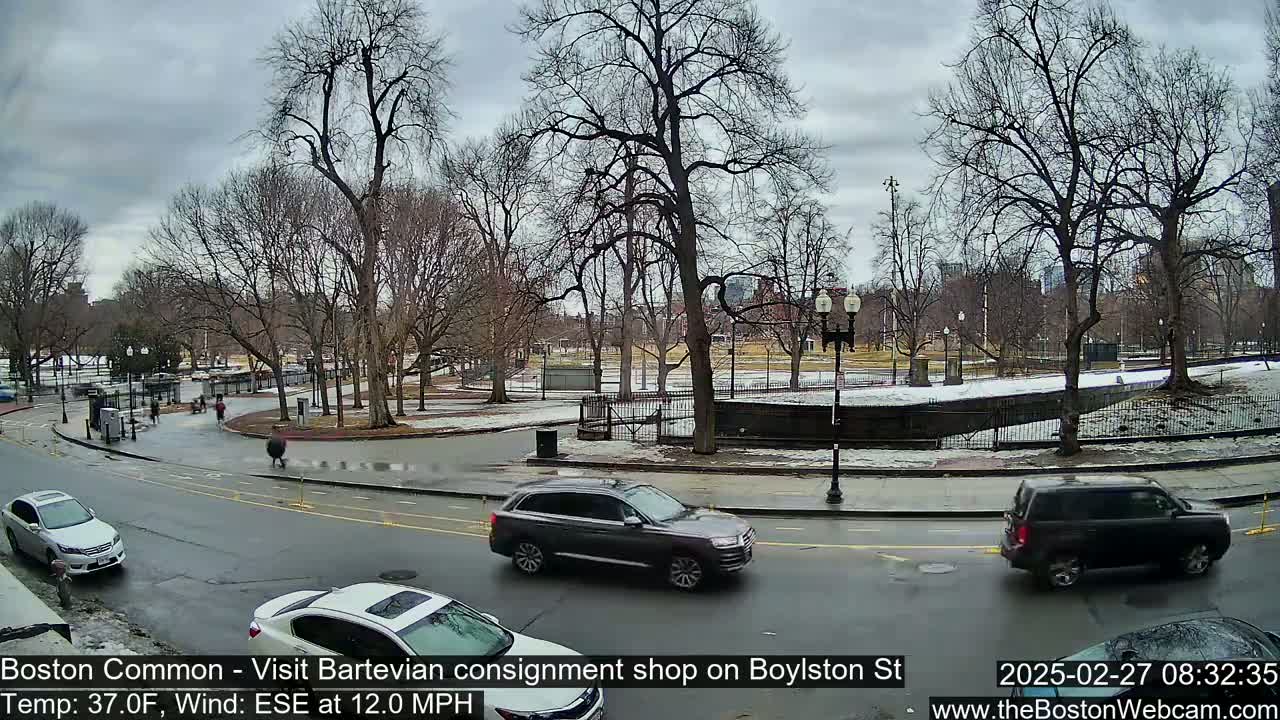 A wet city street scene with several cars and pedestrians near a park under an overcast sky.