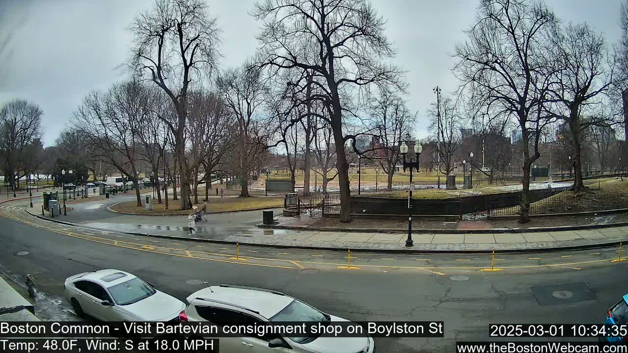 A mostly cloudy day reveals a park with bare trees surrounding a paved road where several cars are parked, and two pedestrians are walking.