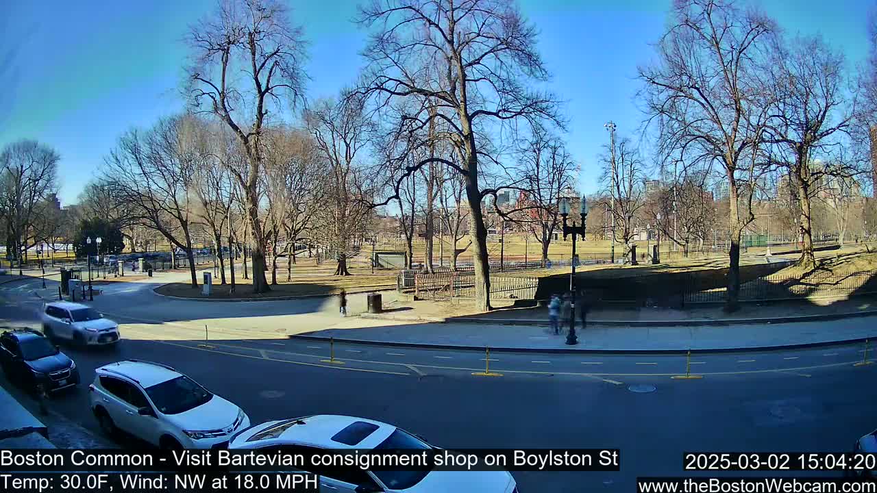 A sunny day with a northwest wind of 18 mph shows a park with bare trees and cars on a street nearby.