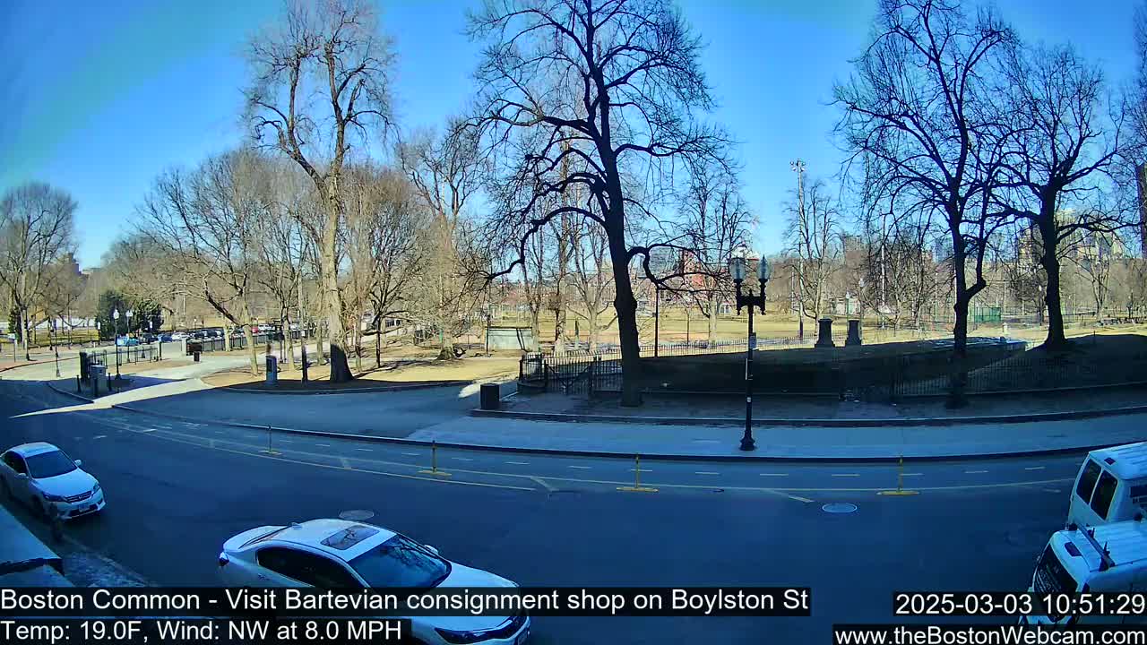 A sunny, clear day with a northwest wind shows a view of a park with bare trees, a street with cars, and buildings in the distance.
