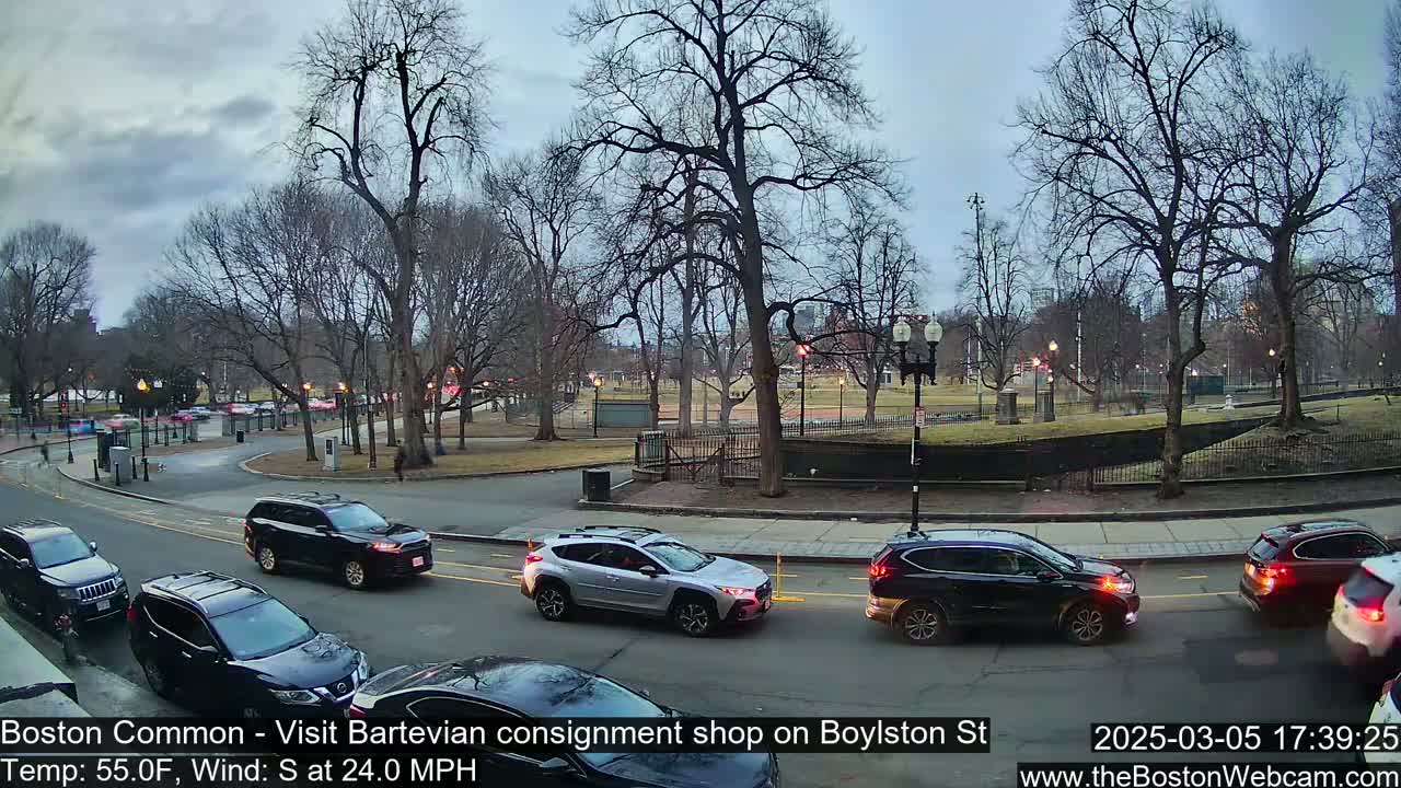 Under a cloudy, cool sky, several vehicles drive around a park with bare trees.