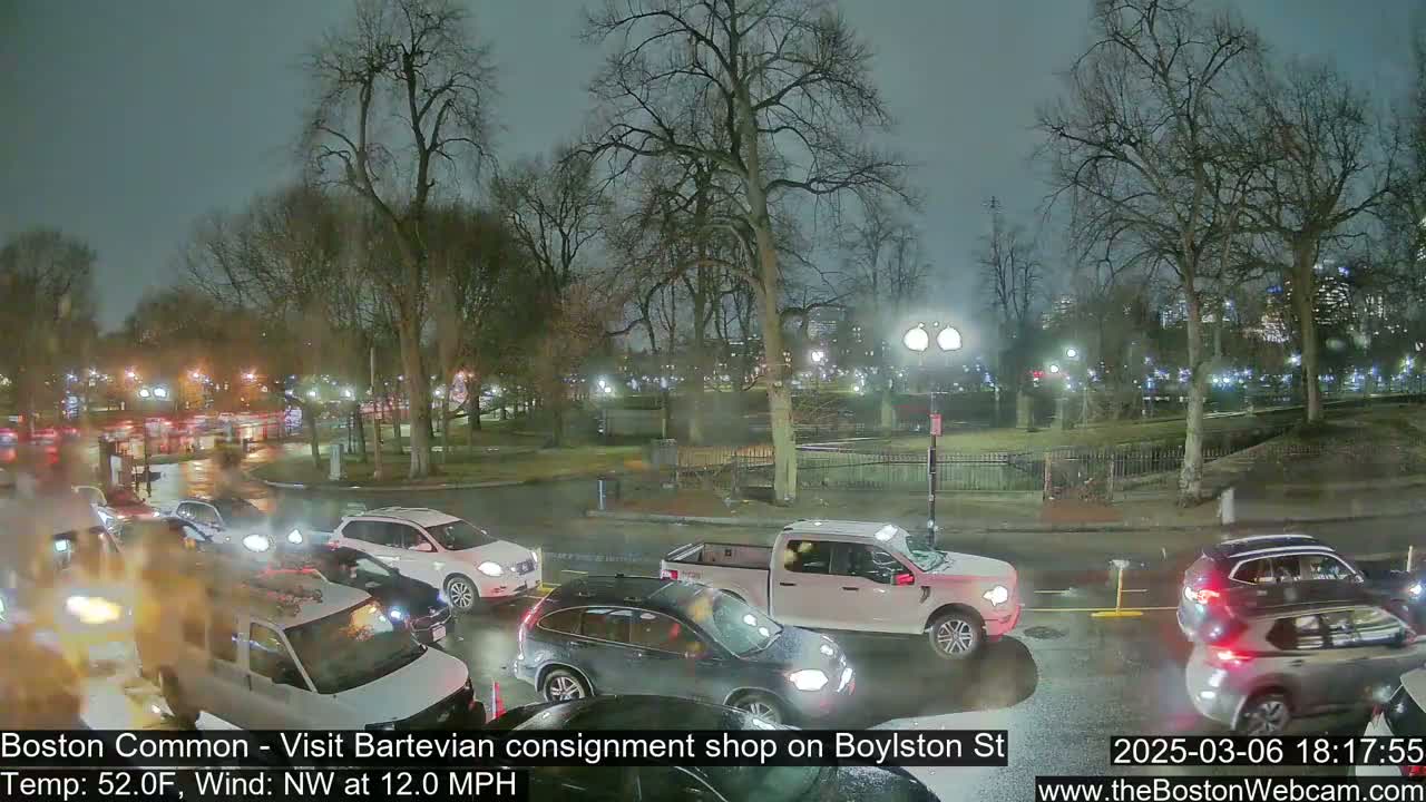A nighttime scene of a rain-slicked street with several cars stopped at an intersection near a park, under a dark, overcast sky.