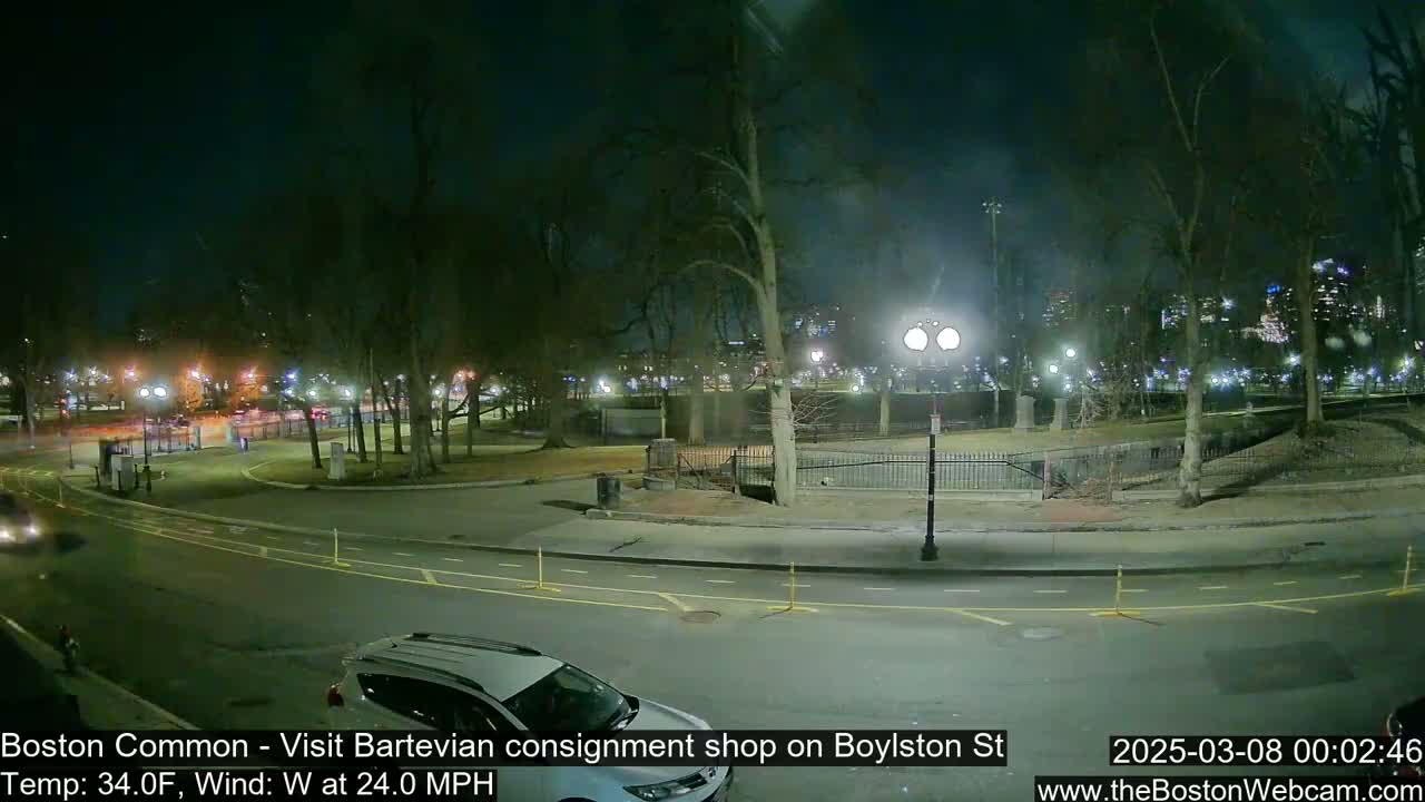 A nighttime view of a park and roadway, with bare trees, streetlights, and a few vehicles, under windy, 34-degree Fahrenheit weather.