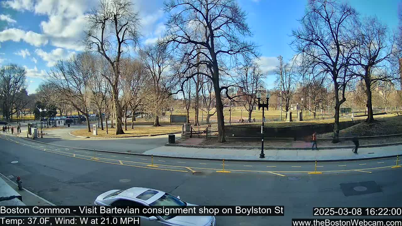 A sunny day with a westerly wind at 21 mph shows a mostly bare park with a street and several people walking.