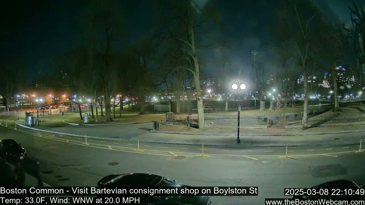 A nighttime view of a park at 33°F with a west-northwest wind at 20 mph, showing a roadway curving through the park's edge near some parked cars and distant city lights.