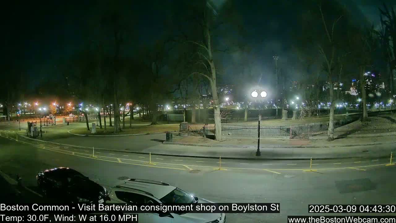 A nighttime view of a park, partially enclosed by a fence, with a road and parked cars in the foreground under a clear, windy sky.