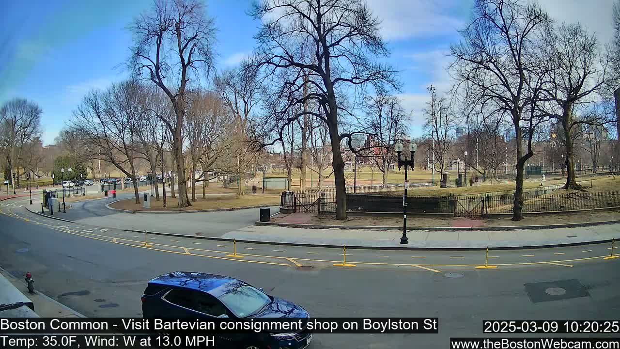 A partly sunny day with a westerly wind shows a street scene near a park with bare trees, a dark-colored SUV, and a paved road.