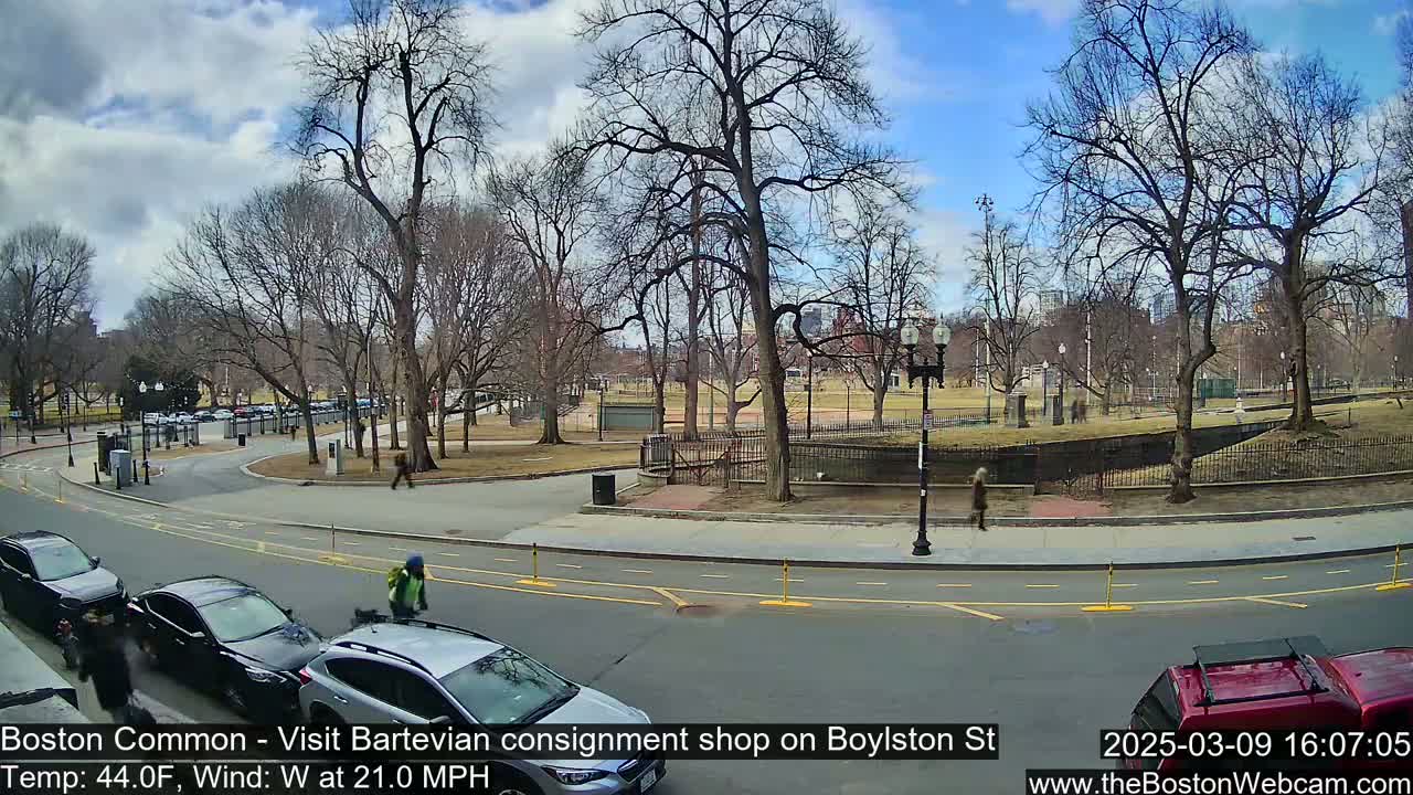 A partly cloudy day with a 21 mph westerly wind shows a park with bare trees and a roadway with several cars and pedestrians.