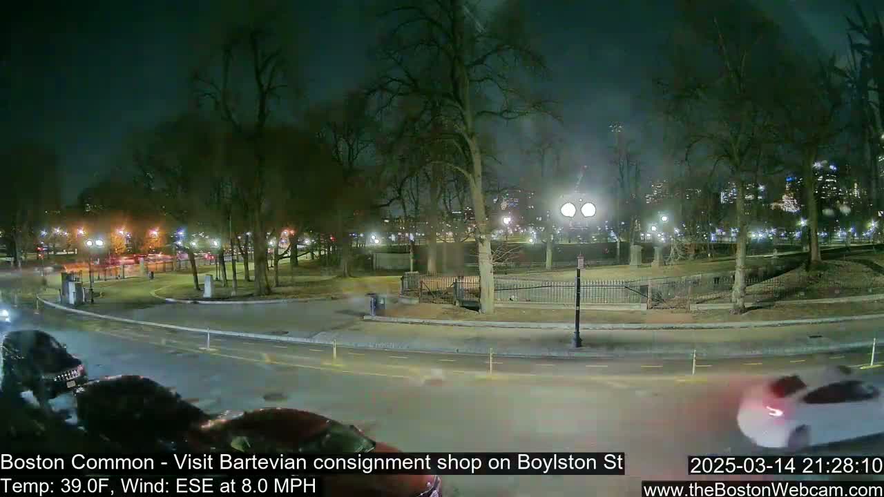 A nighttime view of a park with sparsely lit trees and a roadway, under a dark sky with a wind blowing from the east-southeast at 8 mph and a temperature of 39 degrees Fahrenheit.