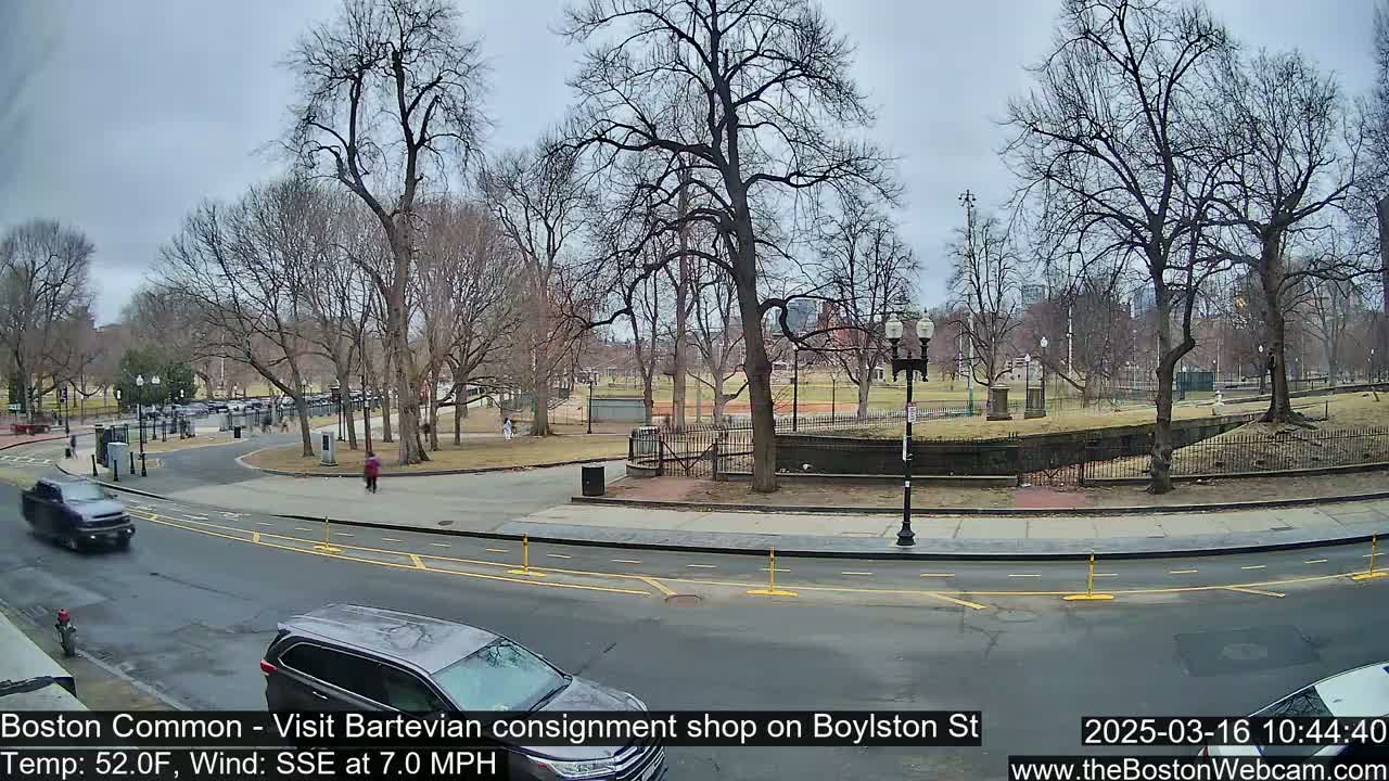 A mostly cloudy day reveals a park scene with bare trees, vehicles on a road, and pedestrians walking.