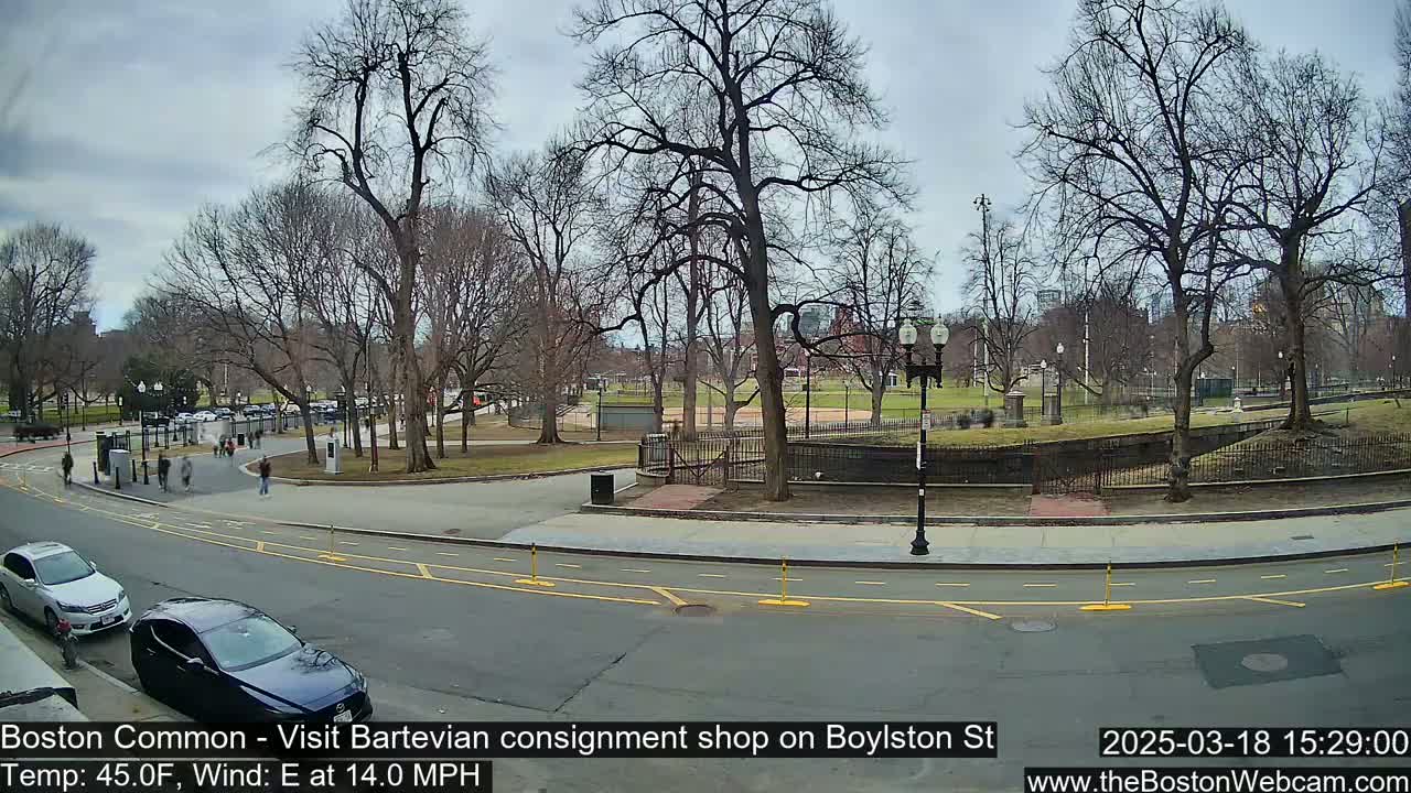 A partly cloudy day shows bare trees surrounding a park with a road and cars in front of it, with several people walking in the park.