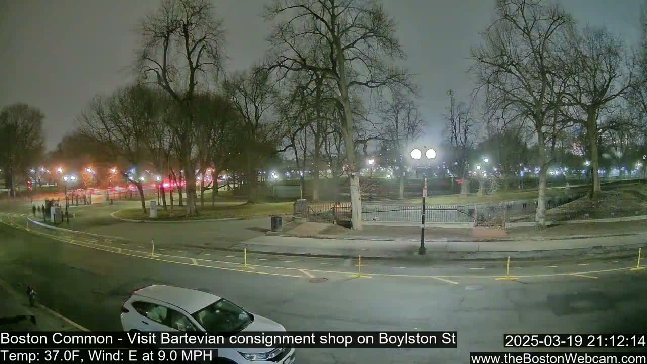 A nighttime view of a park with a road curving through it, under a cloudy sky, with a car parked near the bottom.