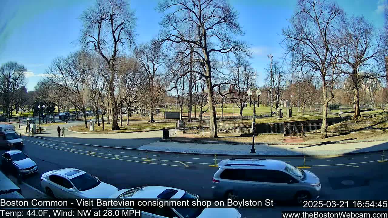 A sunny day with a northwest wind at 28 mph reveals a city park with bare trees, a roadway with several cars, and pedestrians walking.