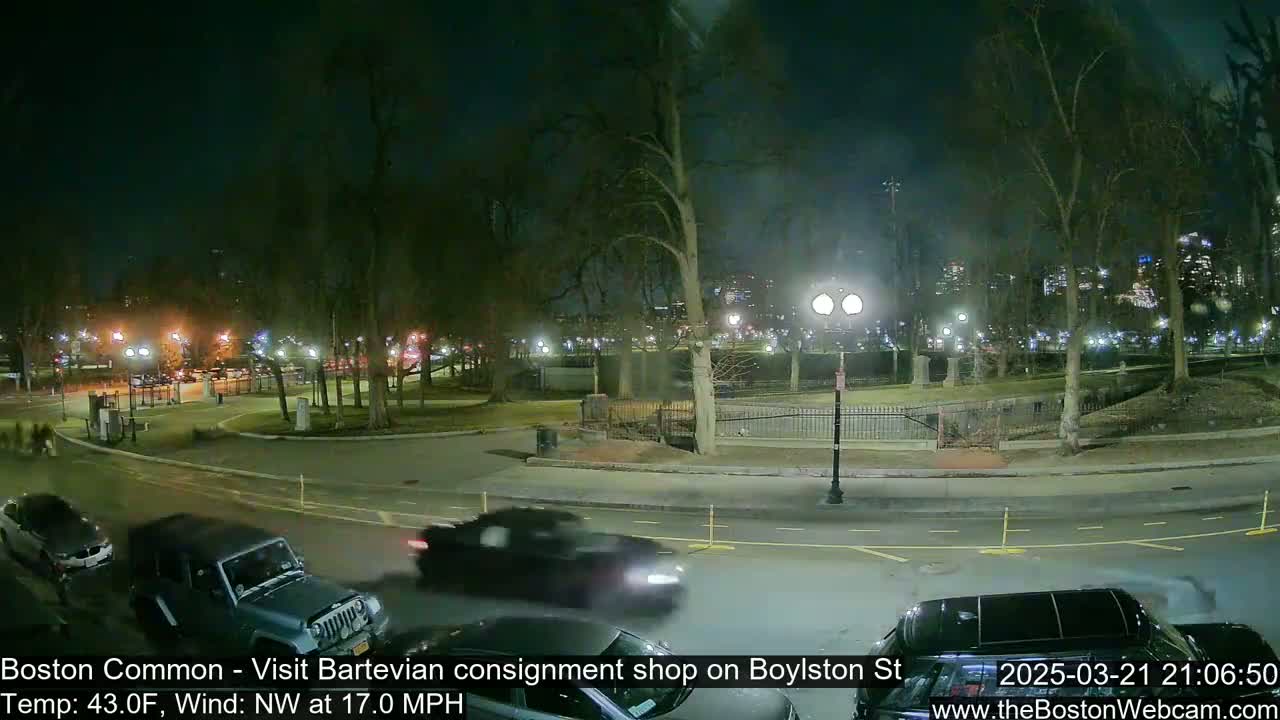A nighttime view of a park and roadway, with a few vehicles driving, under a dark, windy sky.