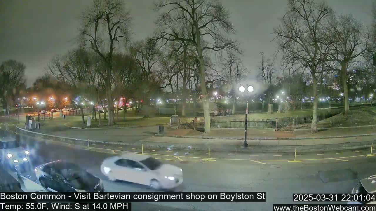 A nighttime scene of a park with bare trees, streetlights, and a few cars driving on a road, under overcast skies with a south wind of 14 mph and a temperature of 55 degrees Fahrenheit.