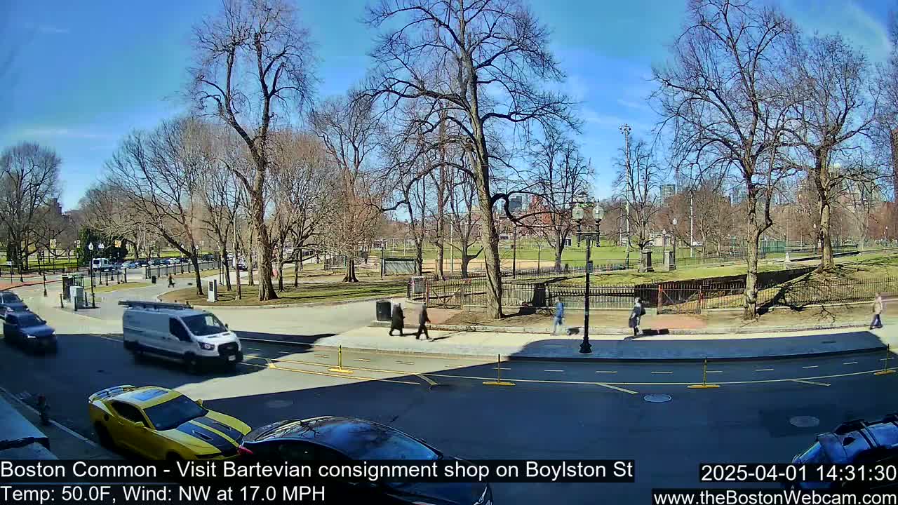 A sunny day with a northwest wind shows a city street scene with a park across the street, featuring several pedestrians and vehicles.
