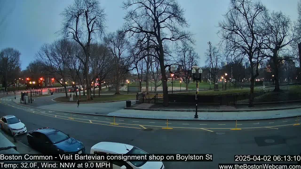 A park with bare trees and a roadway is visible at dusk under a mostly clear sky, with a few cars parked along the street.