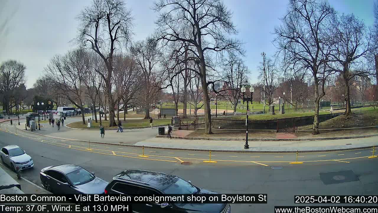 A mostly sunny day shows a city park with bare trees and several people walking on the paths near a road with parked cars.