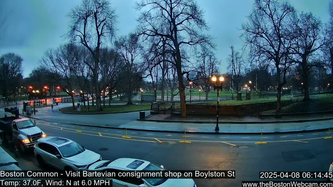 A city park with bare trees is visible across a street with cars parked along the curb under a dusky sky, with a light north wind.