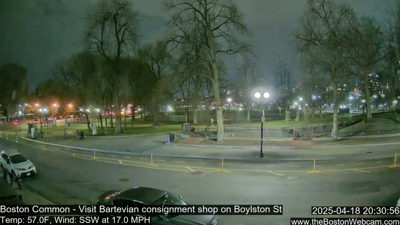 A nighttime view of a park with bare trees, illuminated pathways, and a few pedestrians, under a cloudy sky with a 17 mph wind.