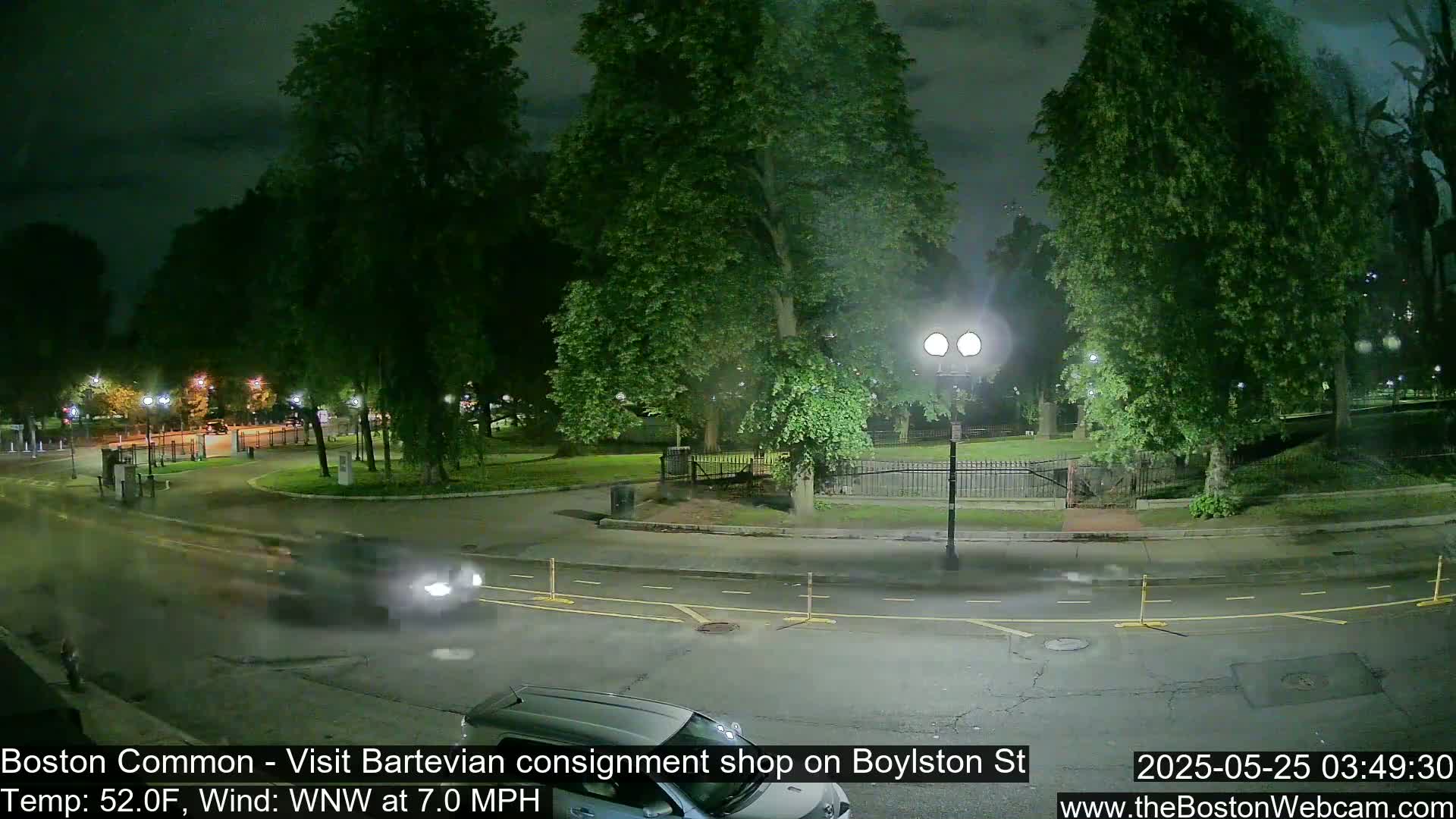 A nighttime street scene shows a park with lush green trees, a roadway with a few vehicles, and streetlights illuminating the area under a partly cloudy sky.