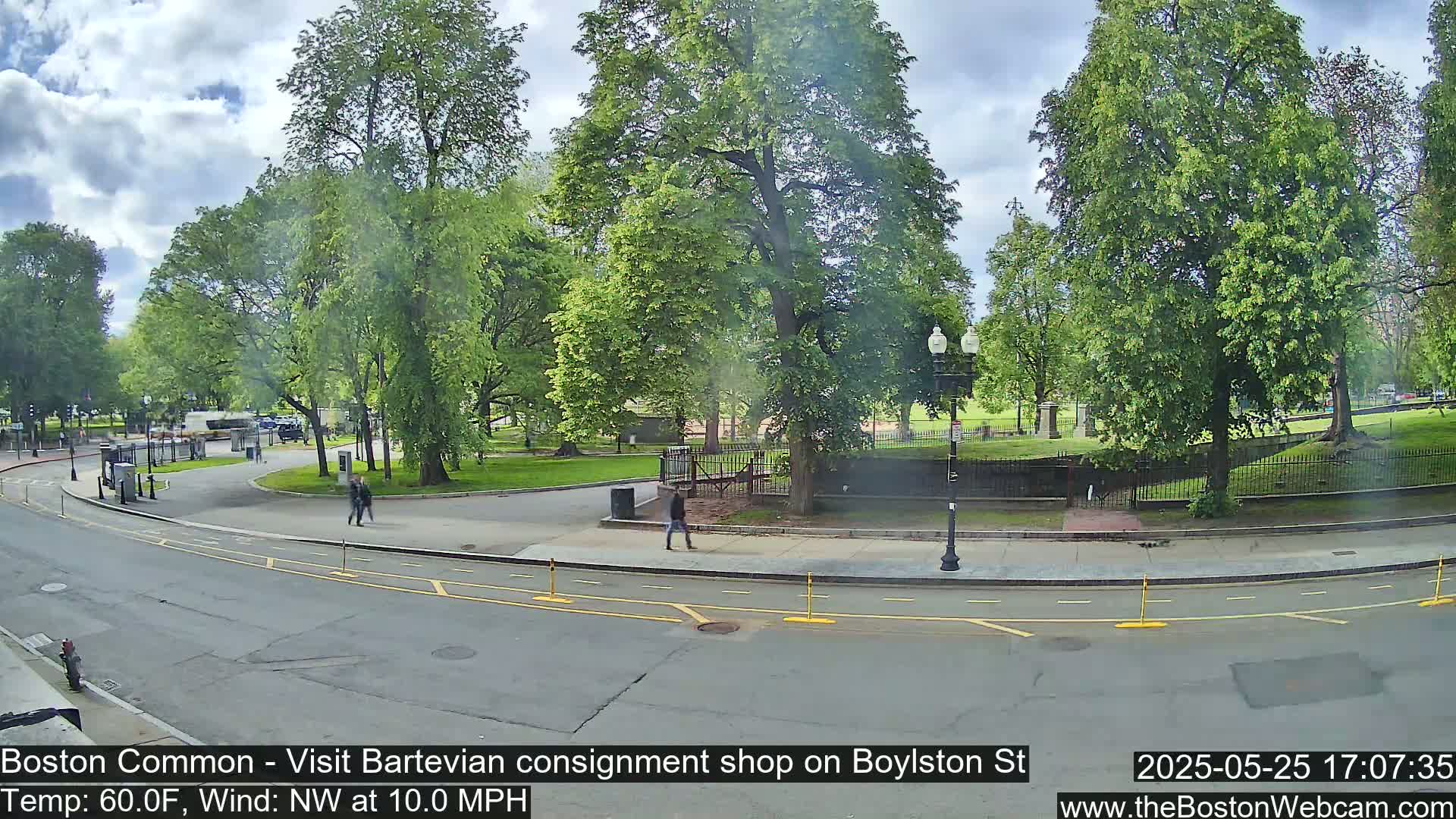A partly cloudy day shows a view of a park with lush green trees and a paved road with a few pedestrians, under a northwest wind of 10 mph and a temperature of 60°F.