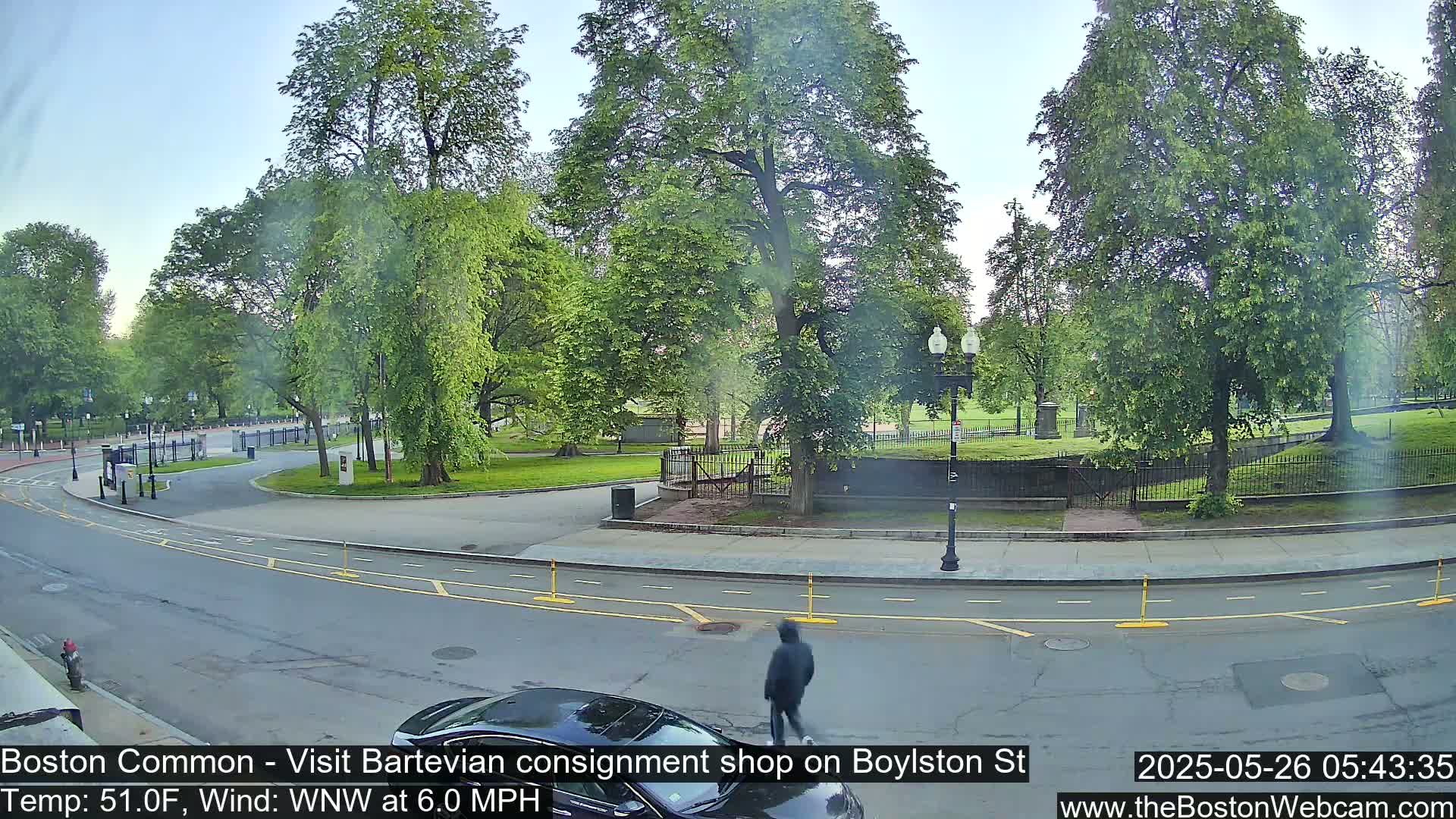 A street scene shows a partly sunny morning with a 6.0 mph wind, featuring a park with lush green trees, a roadway with a pedestrian and a car, and lampposts lining the sidewalk.