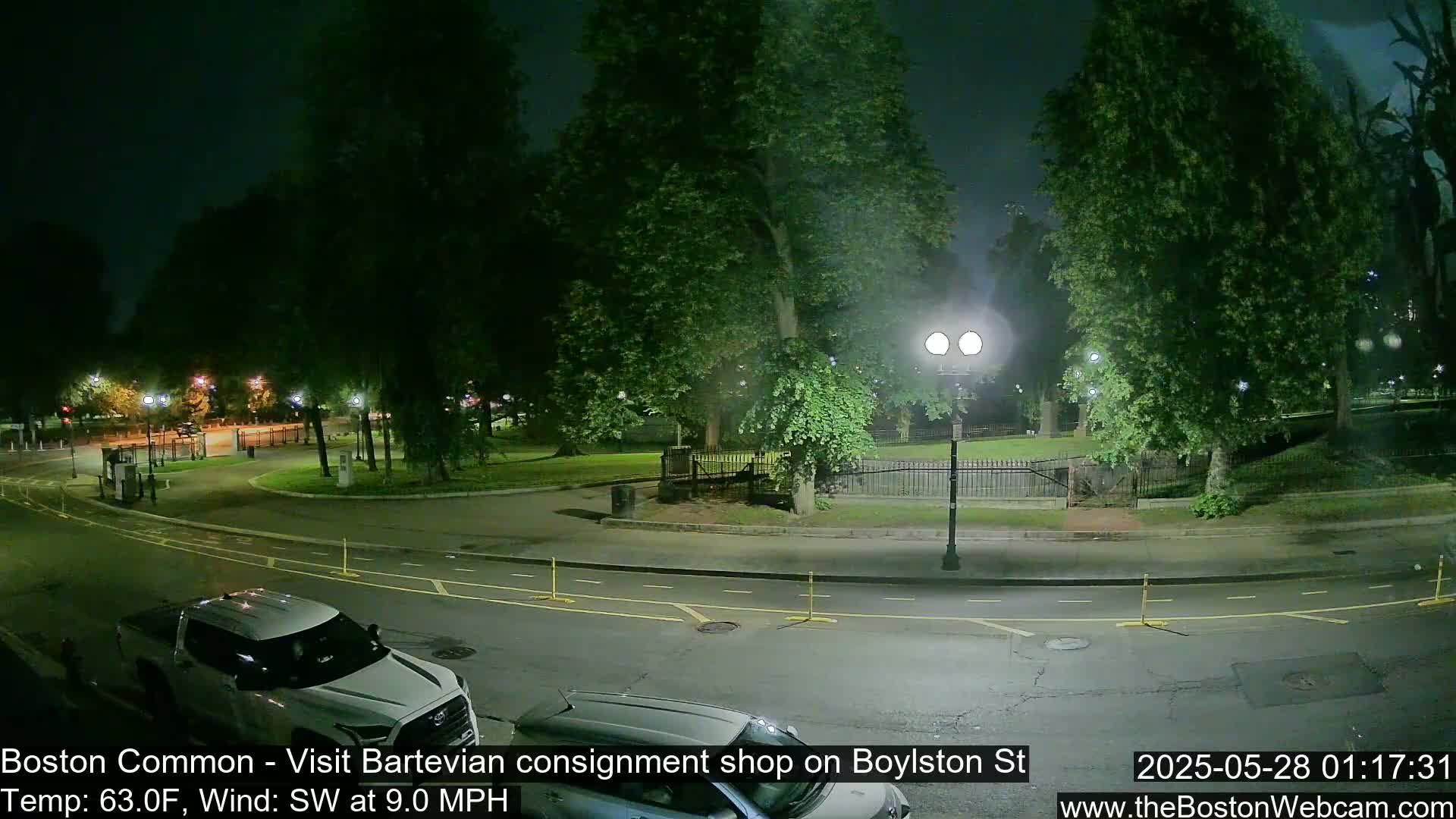 A nighttime view of a park with trees and a street, under a clear sky, with a couple of vehicles parked on the street.